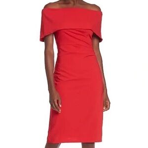 MARINA Red Off Shoulder Crepe Side Drape Vibrant Cocktail Midi Dress